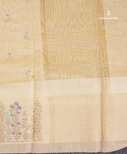 Linen Mix Tissue Saree - Light Yellow Vaira Oosi  Lines Along With Embroidery Design Fancy Border