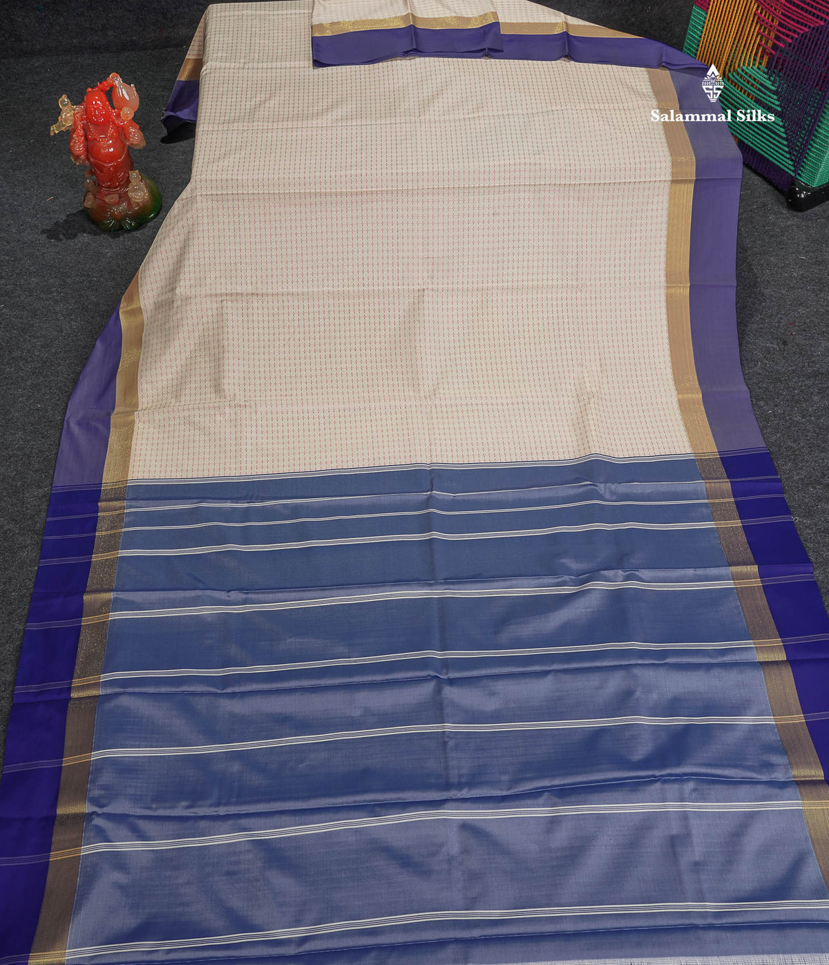 Semi Silk Saree - Half White Colour Body With Contrast Violet Border