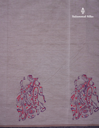 Beautiful Cream Grey South Cotton Printed Saree With Contrast Dark Purple Blouse