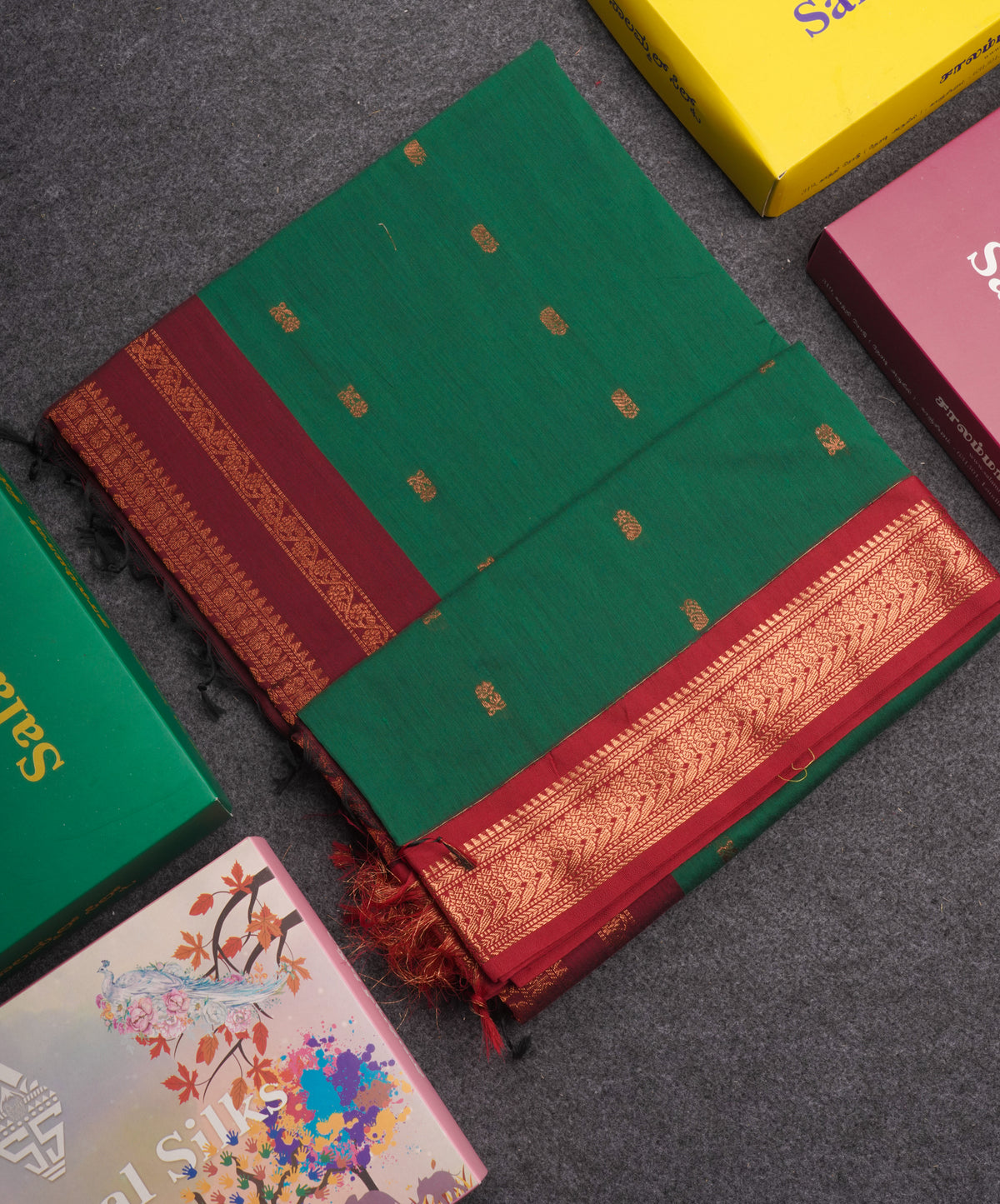 Bottle Green Kalyani Cotton Saree With Contrast Maroon Border
