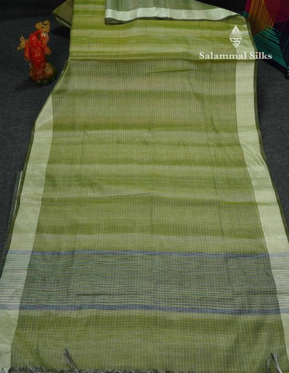 Beautiful Blueish Grey Linen Cotton Mix Saree With Fancy Tissue Border
