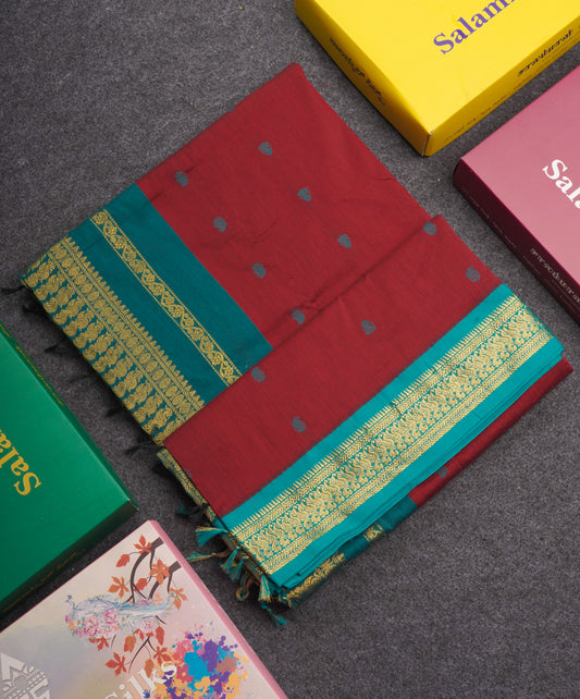 Reddish Maroon Kalyani Cotton Saree With Contrast Peacock Green Border