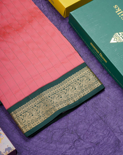 9 Yards Semi Silk Saree Army Green Colour with Pink Border