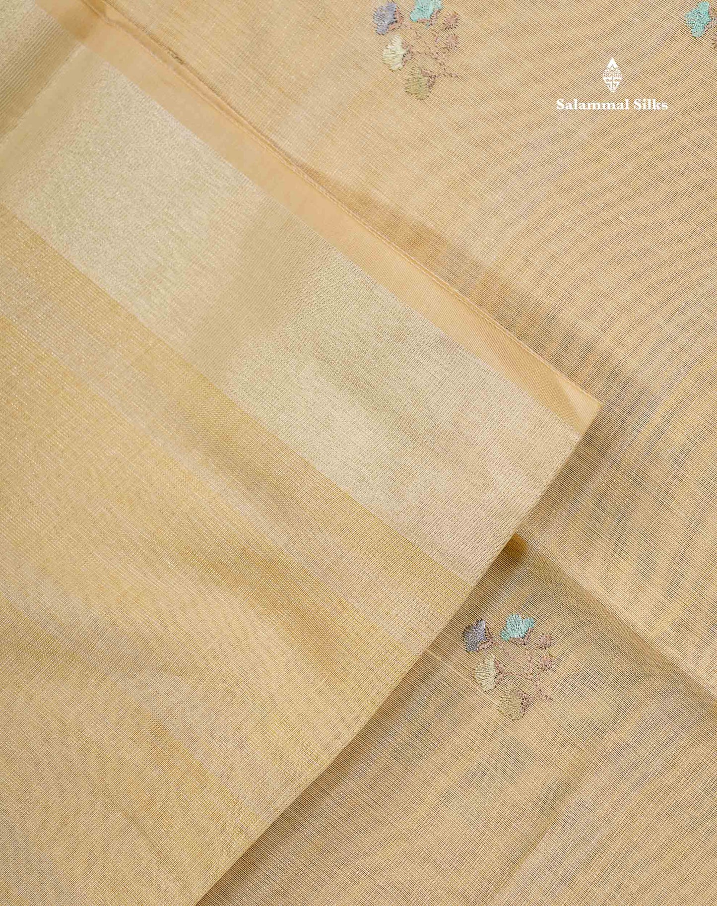 Linen Mix Tissue Saree - Light Yellow Vaira Oosi  Lines Along With Embroidery Design Fancy Border