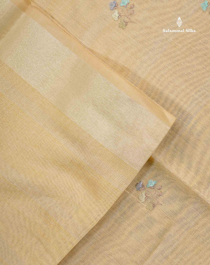 Linen Mix Tissue Saree - Light Yellow Vaira Oosi  Lines Along With Embroidery Design Fancy Border