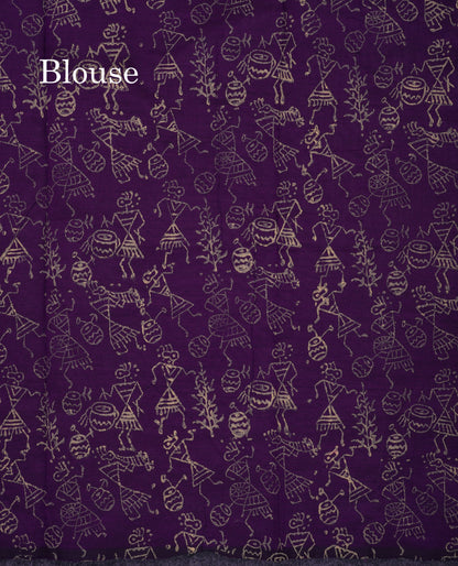 Beautiful Cream Grey South Cotton Printed Saree With Contrast Dark Purple Blouse