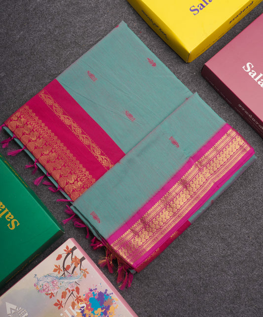 Dual Tone Green Kalyani Cotton Saree With Contrast Magenta Pink Border
