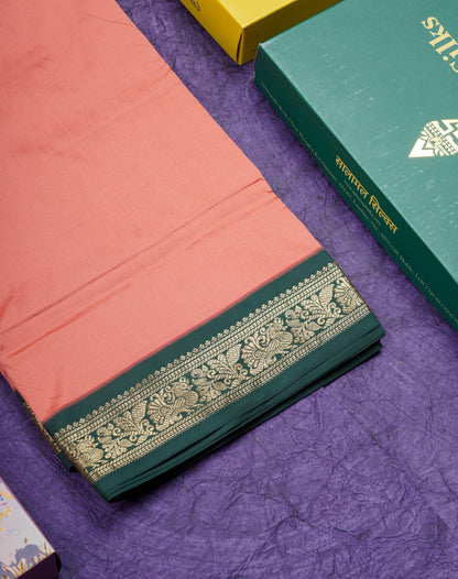 9 Yards Semi Silk Saree Chilly Red With Contrast Bottle Green Small Border