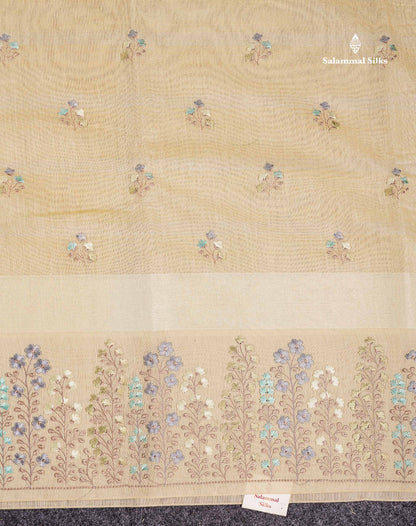 Linen Mix Tissue Saree - Light Yellow Vaira Oosi  Lines Along With Embroidery Design Fancy Border