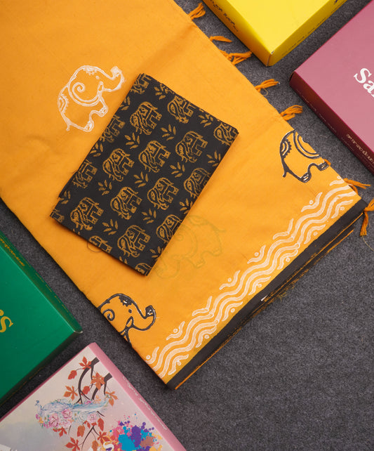 Yellow South Cotton Printed Saree With Contrast Black Blouse
