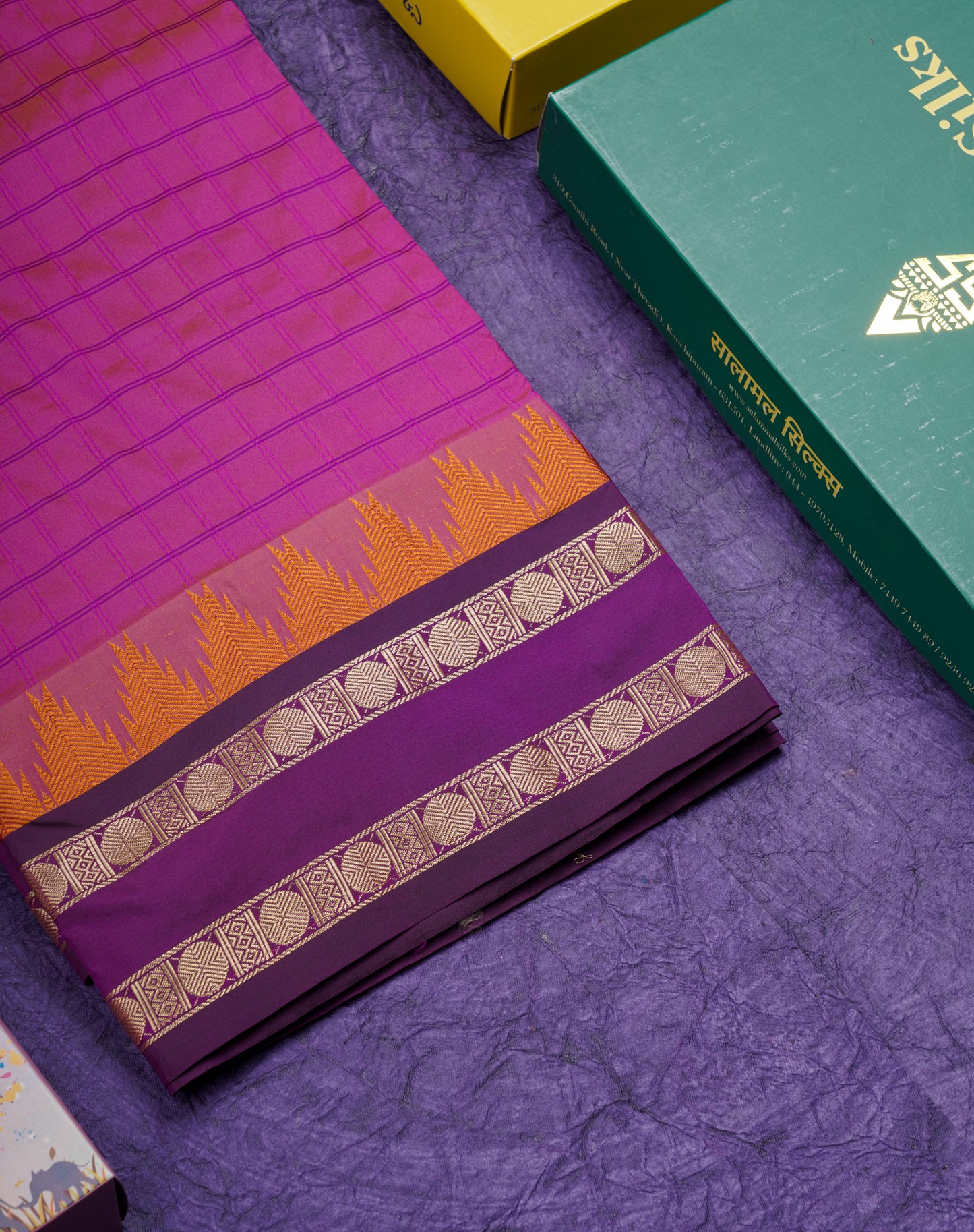 9 Yards Semi Silk Saree Purple with Contrast Violet Traditional Double Border