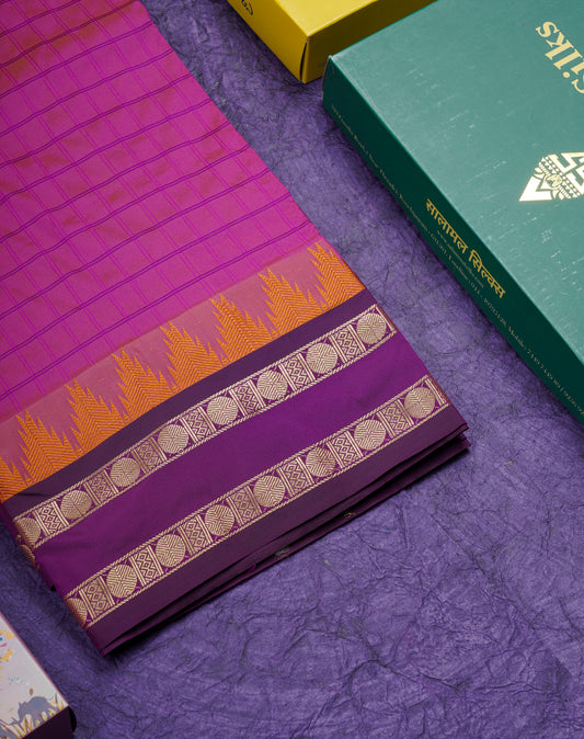 9 Yards Semi Silk Saree Purple with Contrast Violet Traditional Double Border