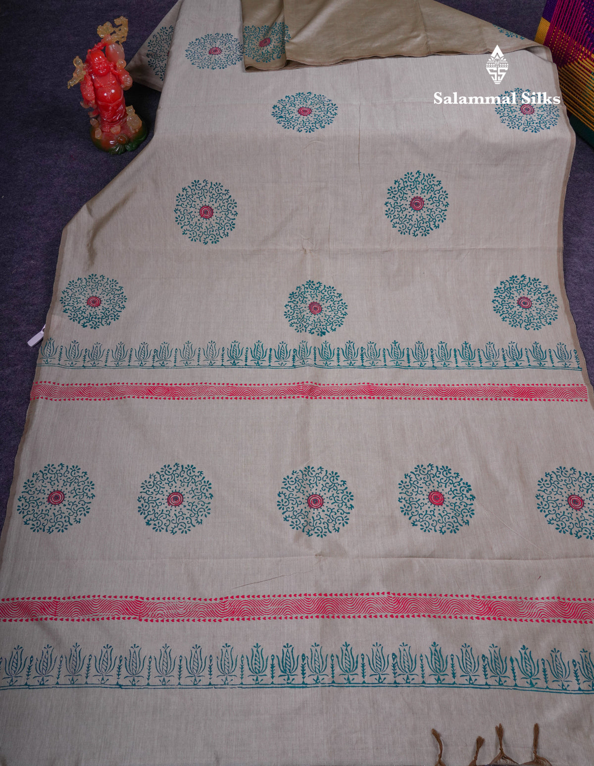 Beautiful Cream Sandal South Cotton Printed Saree With Contrast Sapphire Green Blouse