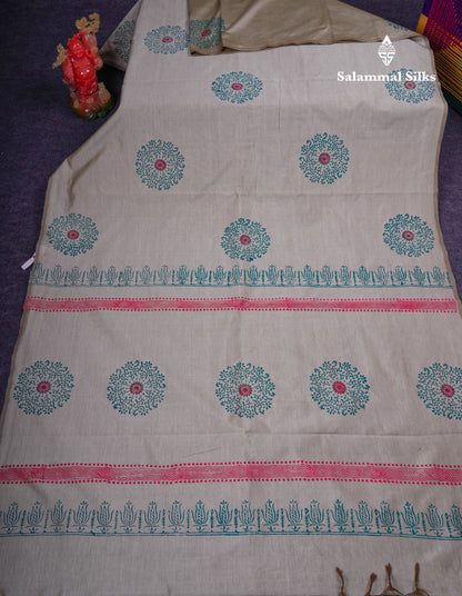 Beautiful Cream Sandal South Cotton Printed Saree With Contrast Sapphire Green Blouse
