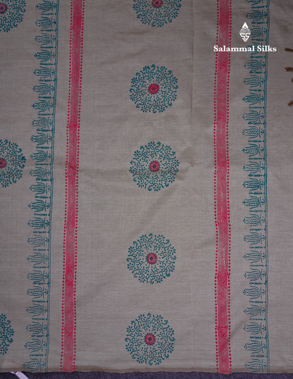 Beautiful Cream Sandal South Cotton Printed Saree With Contrast Sapphire Green Blouse