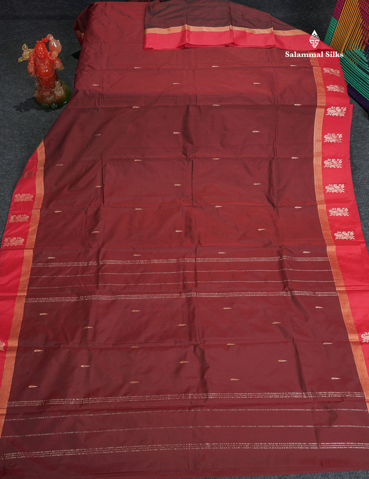 Semi Silk Saree - Maroon Colour Body Small Butta With Contrast Redish Pink Fancy Border