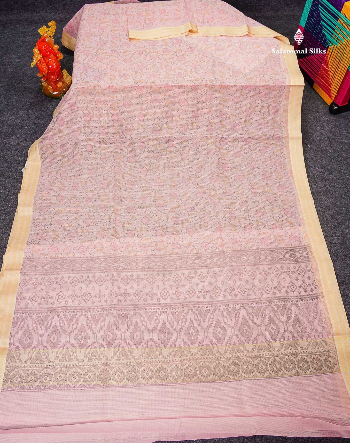 Kota Cotton Saree - Light Pink Printed Along With Gold & Silver Zari Border