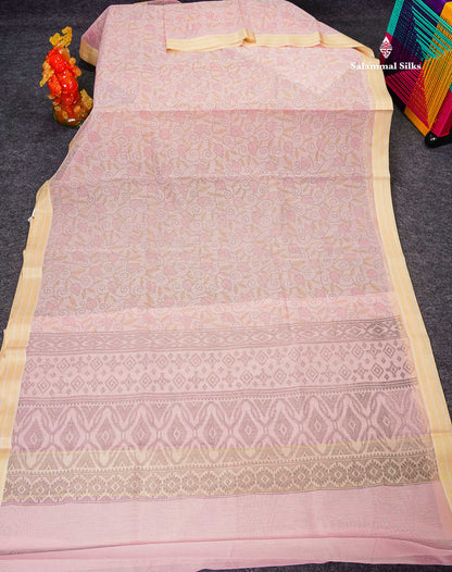 Kota Cotton Saree - Light Pink Printed Along With Gold & Silver Zari Border