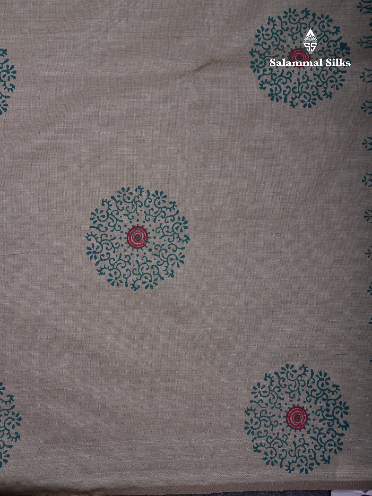 Beautiful Cream Sandal South Cotton Printed Saree With Contrast Sapphire Green Blouse