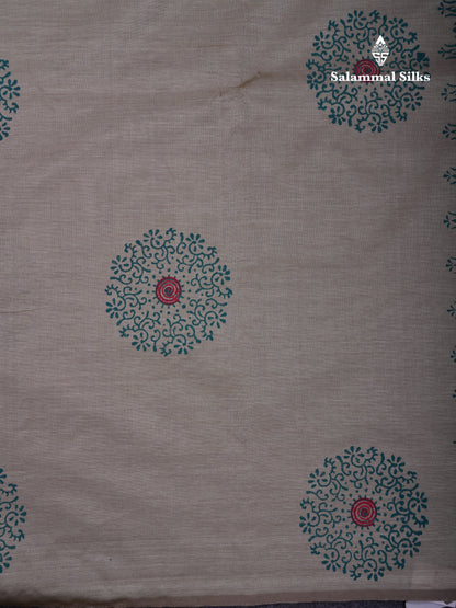 Beautiful Cream Sandal South Cotton Printed Saree With Contrast Sapphire Green Blouse