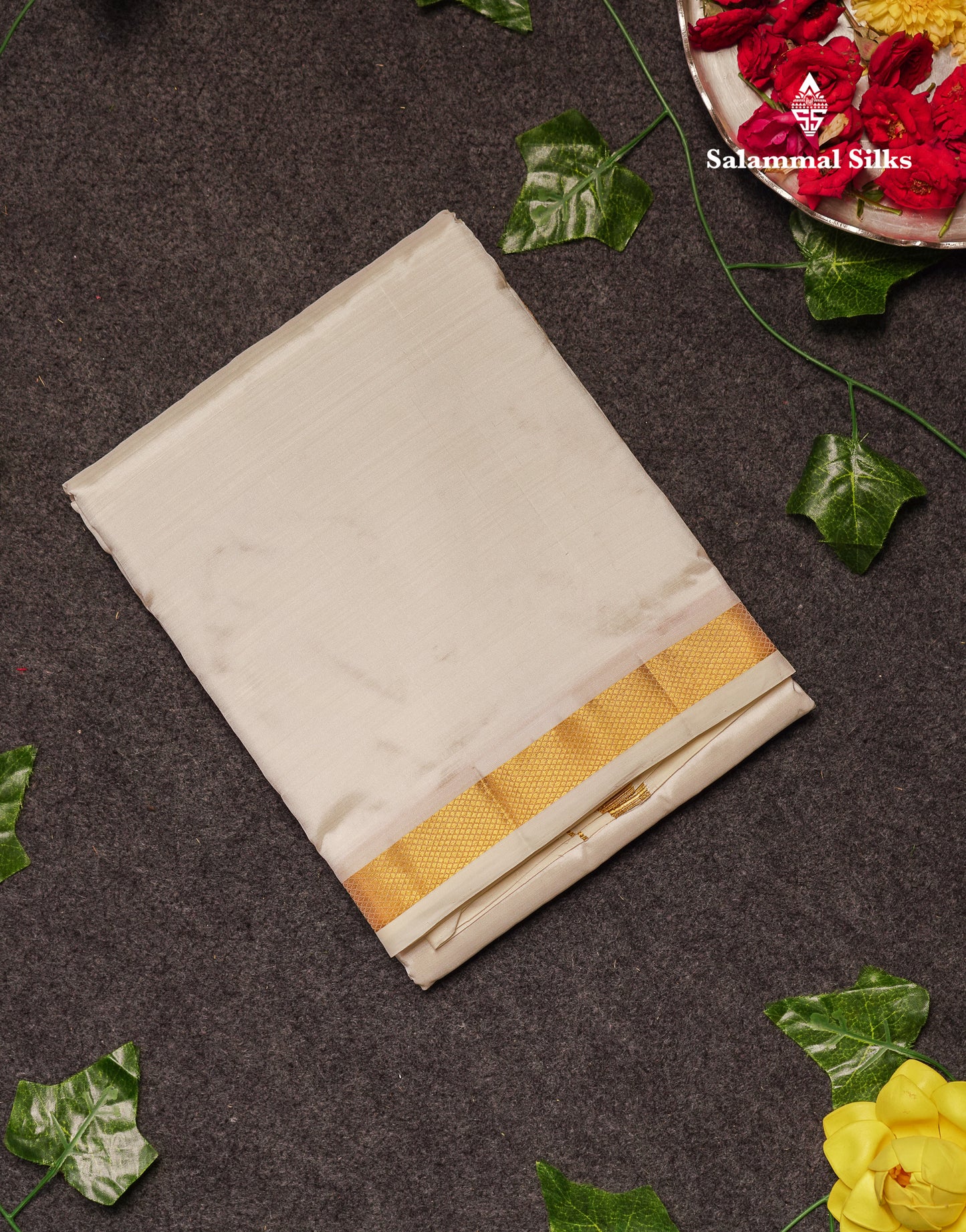 White Pure Silk Dhoti, Angavastram with Gold Zari Border