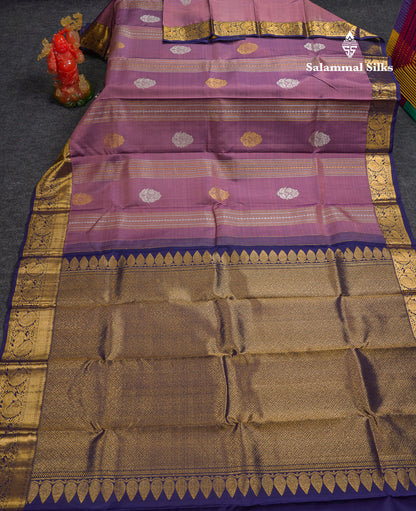 Beautiful Light Violet Pure Kanjivaram Silk Saree With Contrast Navy Blue Traditional Medium Border