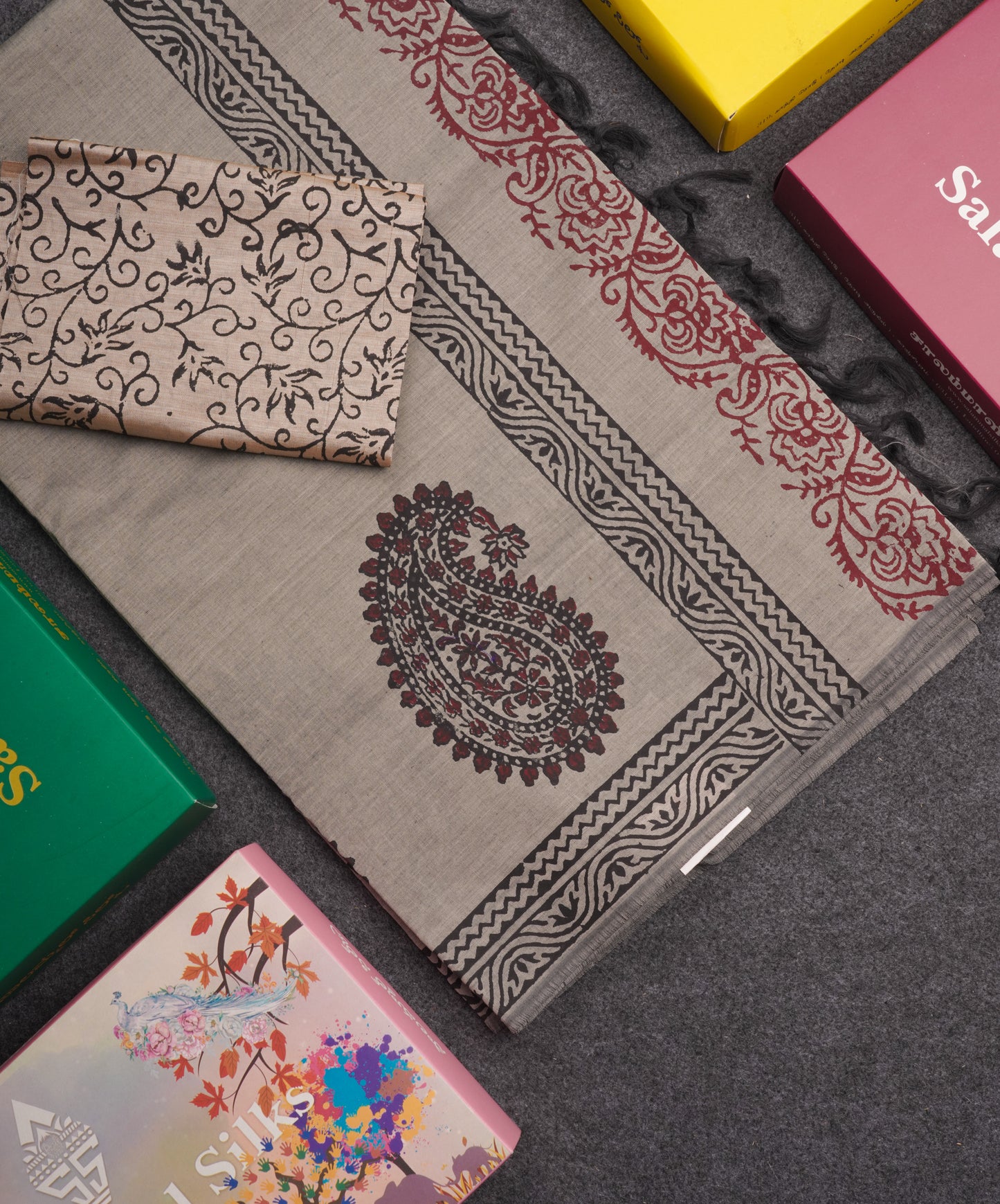 Grey White South Cotton Printed Saree With Contrast Sandal Blouse