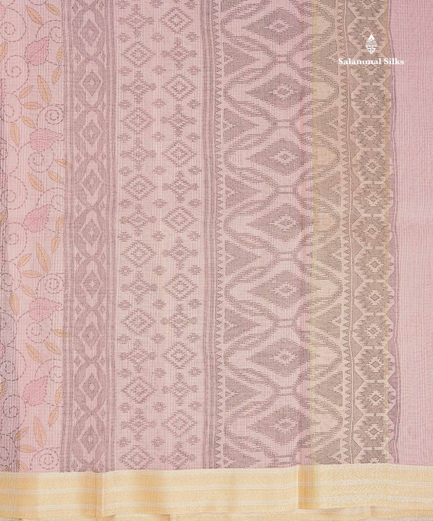 Kota Cotton Saree - Light Pink Printed Along With Gold & Silver Zari Border