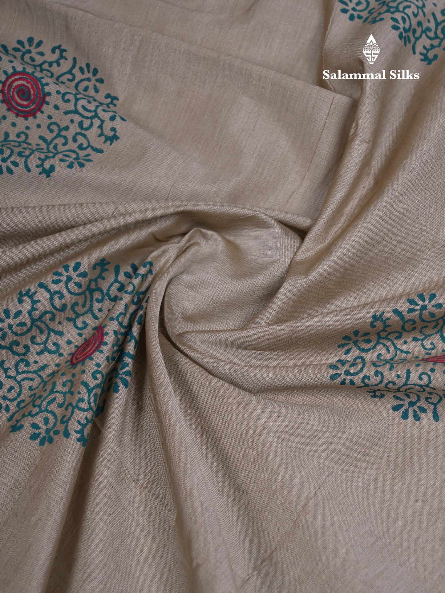 Beautiful Cream Sandal South Cotton Printed Saree With Contrast Sapphire Green Blouse