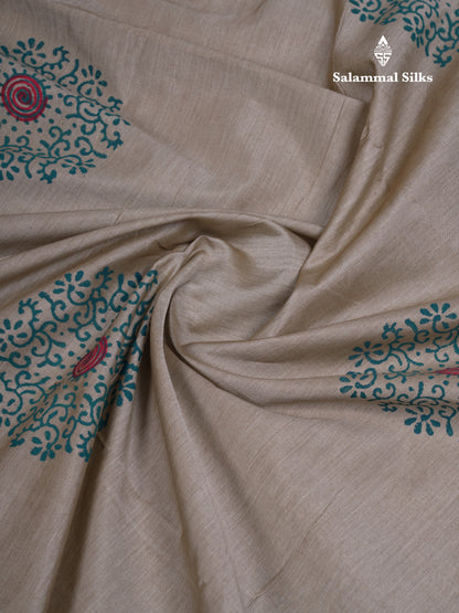 Beautiful Cream Sandal South Cotton Printed Saree With Contrast Sapphire Green Blouse