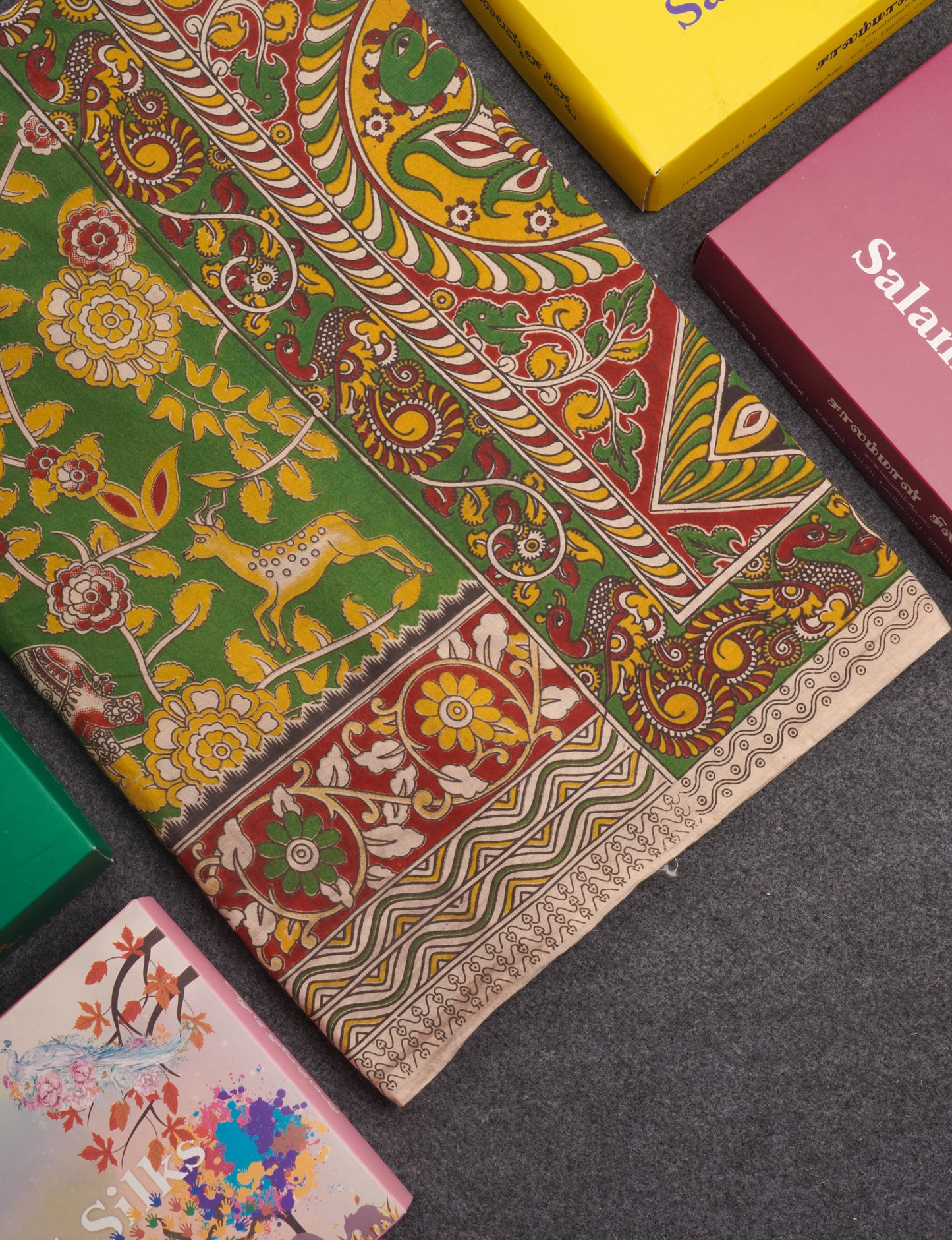 Green Pure Cotton Saree Kalamkari Design With Contrast Half White Blouse