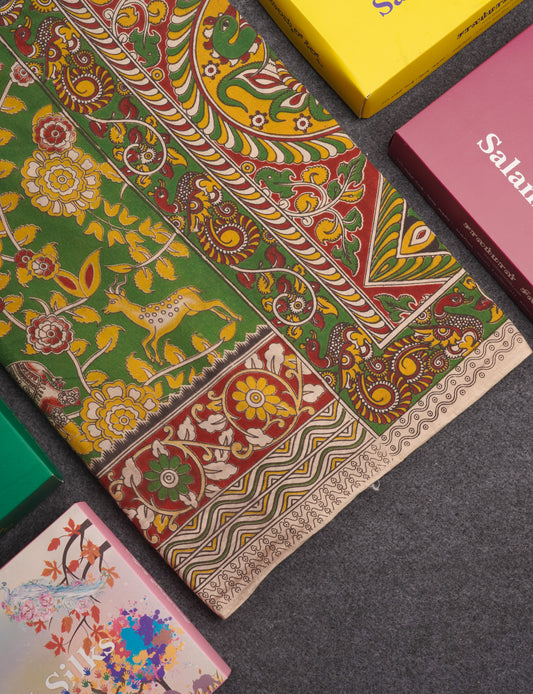 Green Pure Cotton Saree Kalamkari Design With Contrast Half White Blouse
