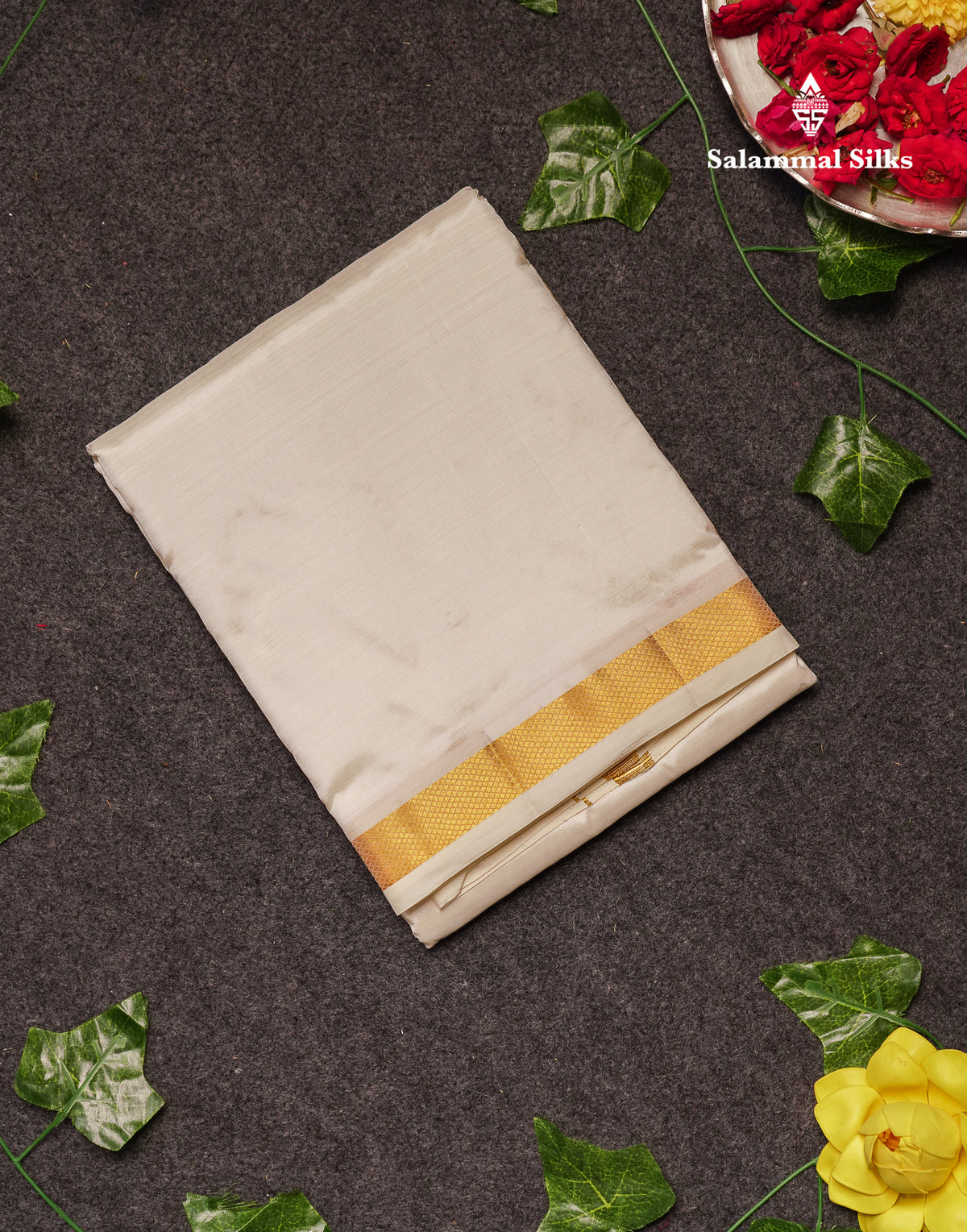 Beautiful White Pure Silk Dhoti (9x5) With Gold Zari Small Border