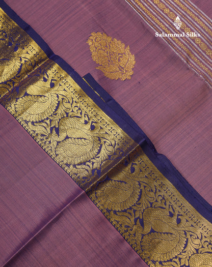 Beautiful Light Violet Pure Kanjivaram Silk Saree With Contrast Navy Blue Traditional Medium Border