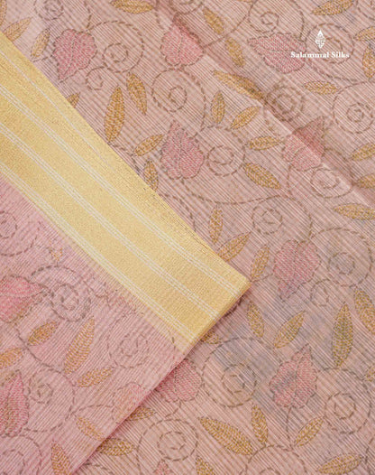 Kota Cotton Saree - Light Pink Printed Along With Gold & Silver Zari Border