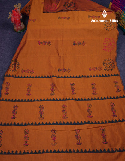 Beautiful Mustard Yellow South Cotton Printed Saree With Contrast Black Blouse