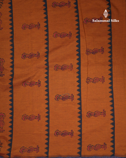 Beautiful Mustard Yellow South Cotton Printed Saree With Contrast Black Blouse
