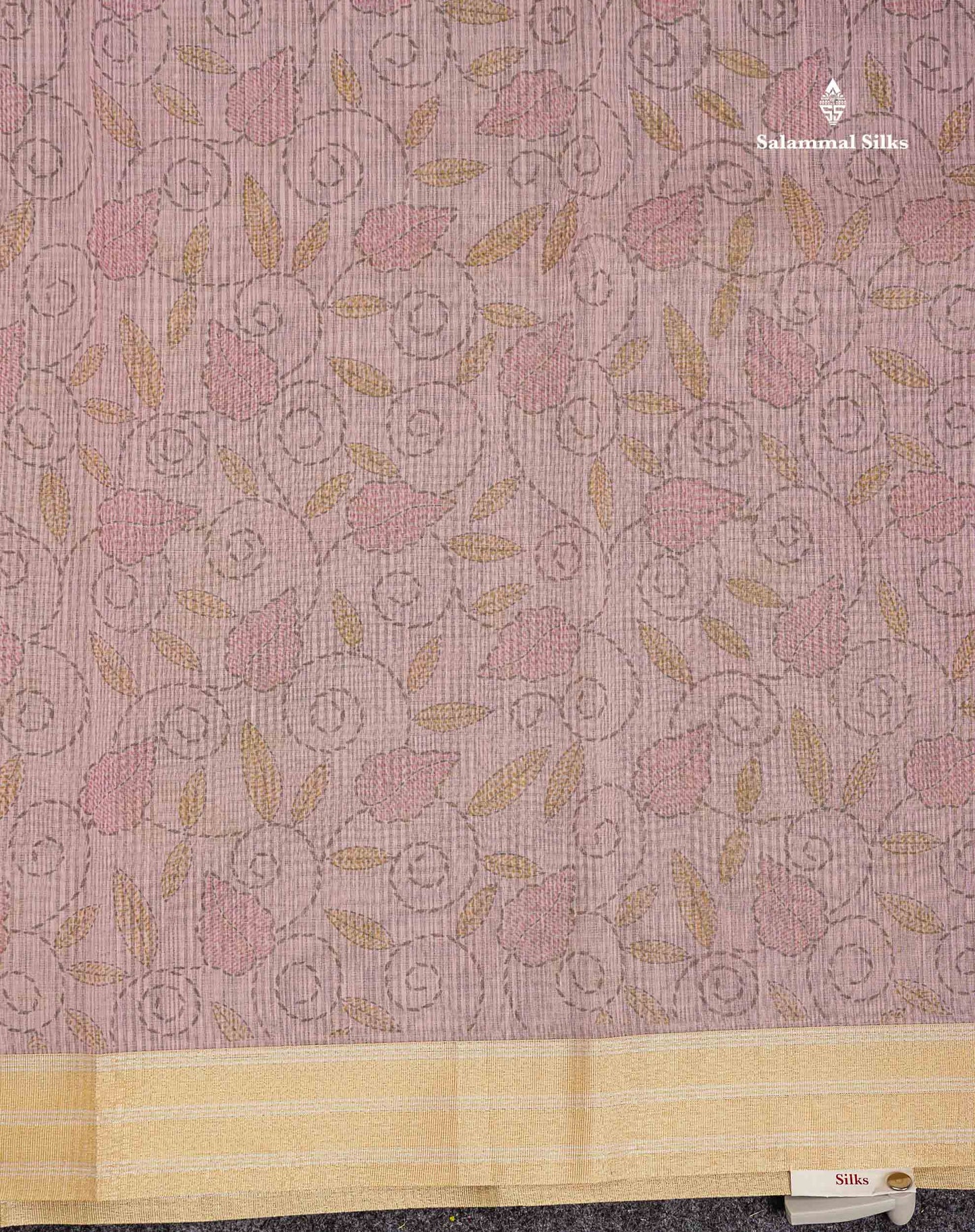 Kota Cotton Saree - Light Pink Printed Along With Gold & Silver Zari Border