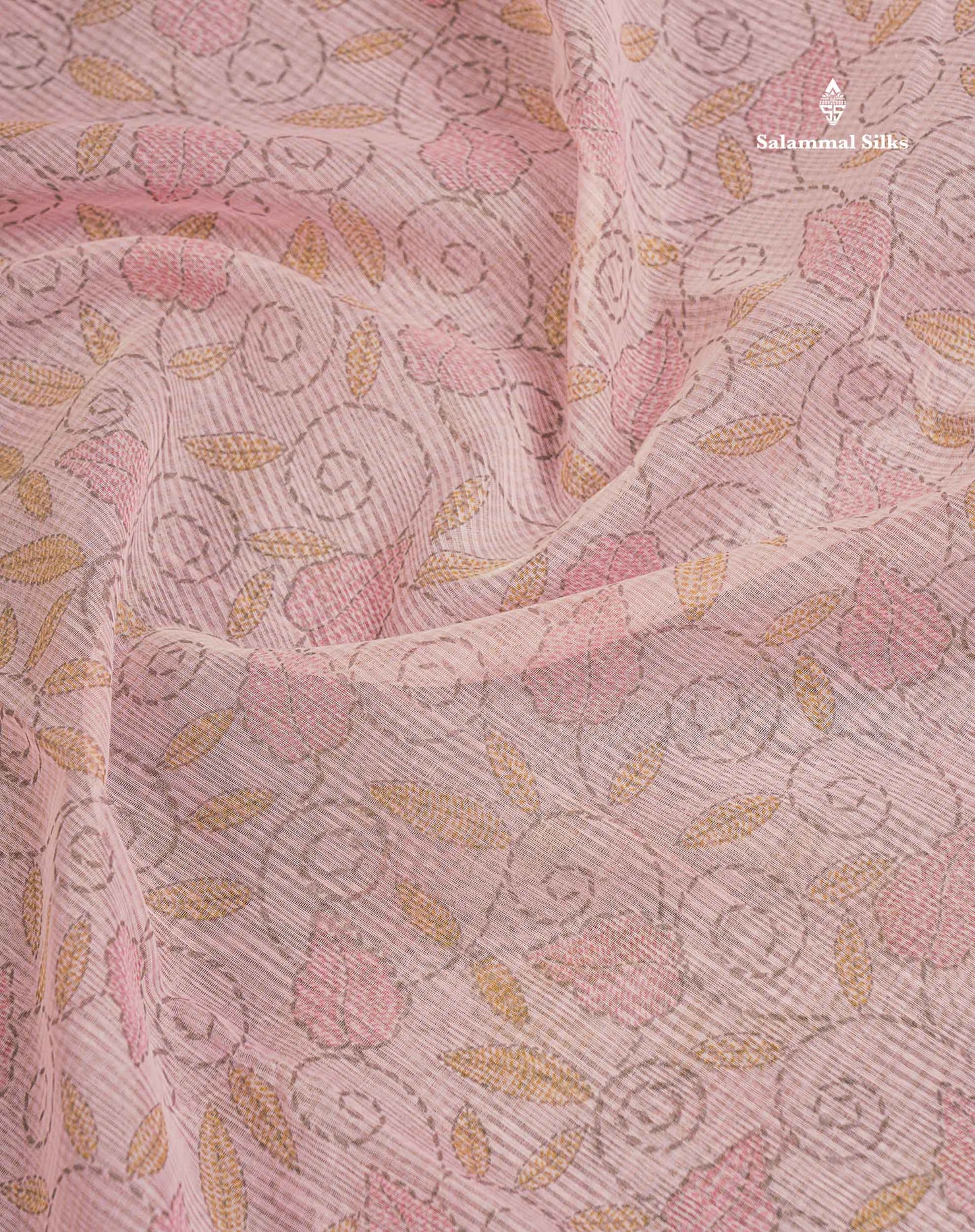 Kota Cotton Saree - Light Pink Printed Along With Gold & Silver Zari Border