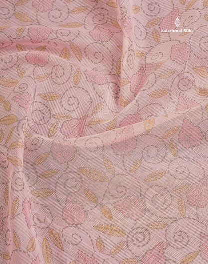 Kota Cotton Saree - Light Pink Printed Along With Gold & Silver Zari Border