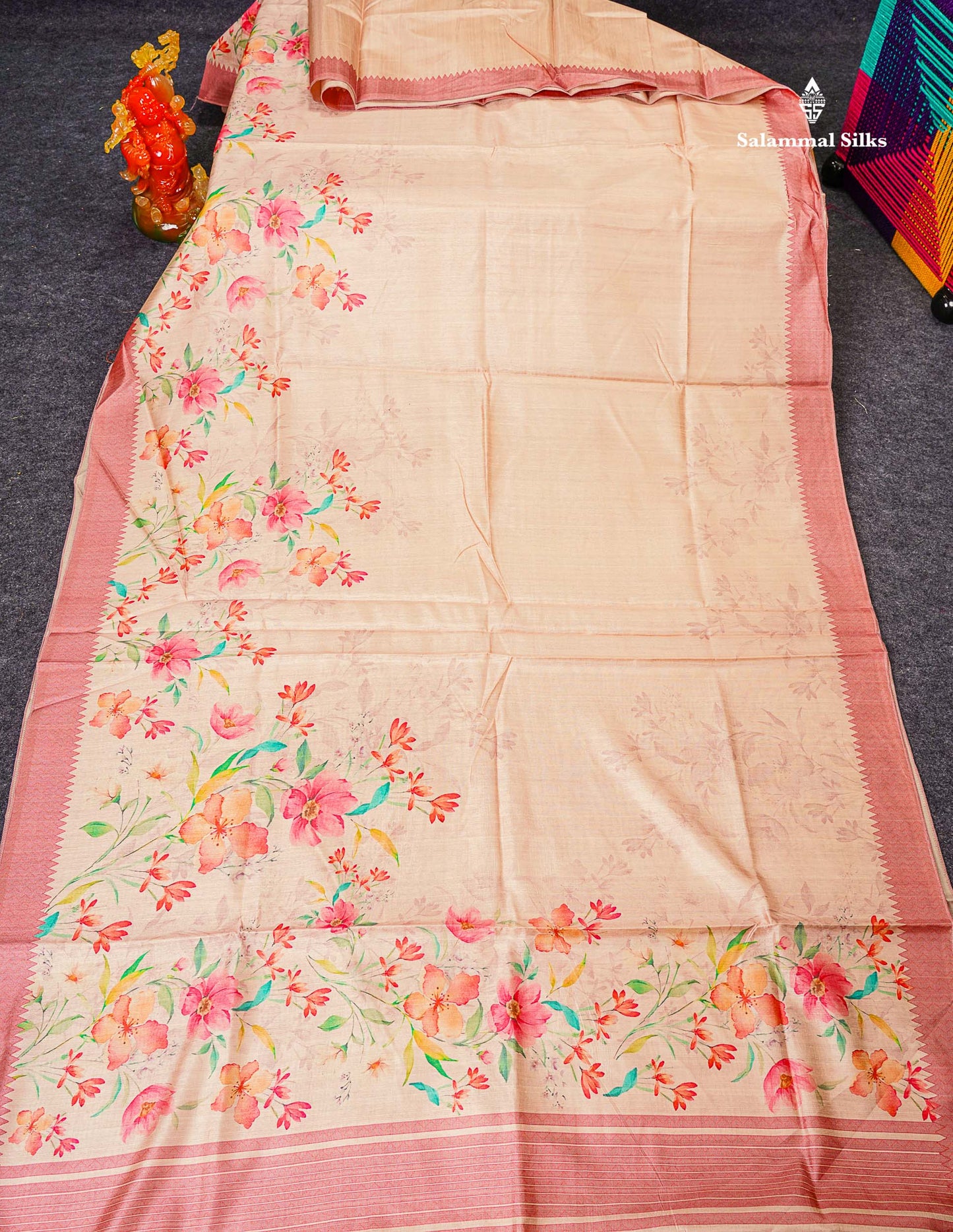 Semi Tussar Saree - Beige Plain Along With Floral Design & Contrast Pink Shade Border