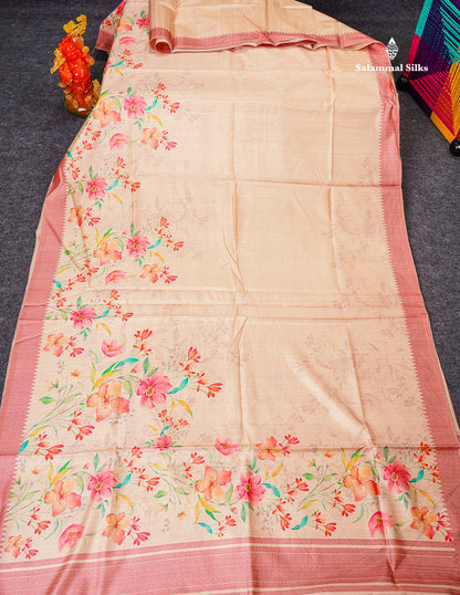 Semi Tussar Saree - Beige Plain Along With Floral Design & Contrast Pink Shade Border