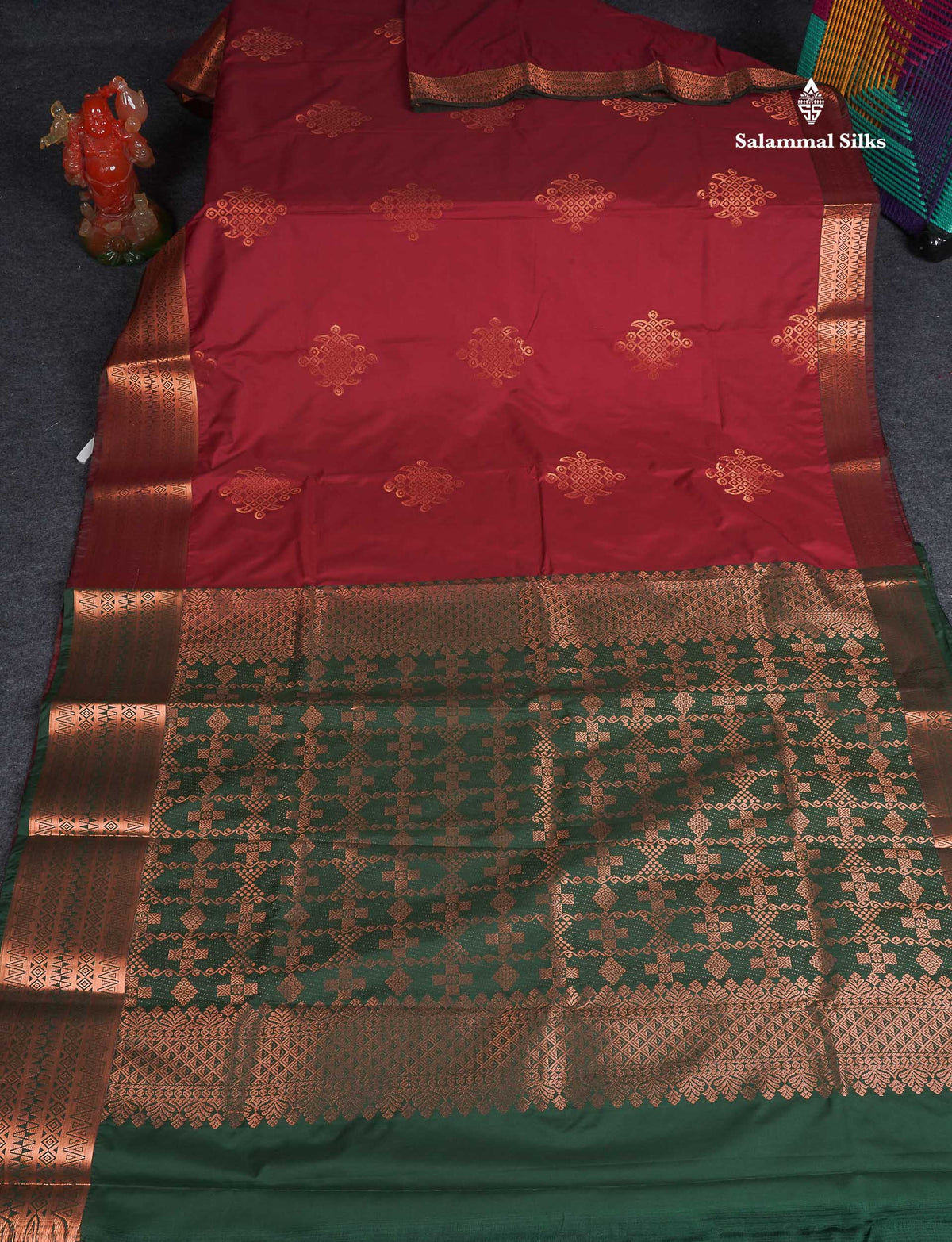 Semi Silk Saree - Maroon Colour Body With Contrast Bottle Green Blouse