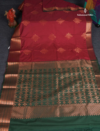 Semi Silk Saree - Maroon Colour Body With Contrast Bottle Green Blouse