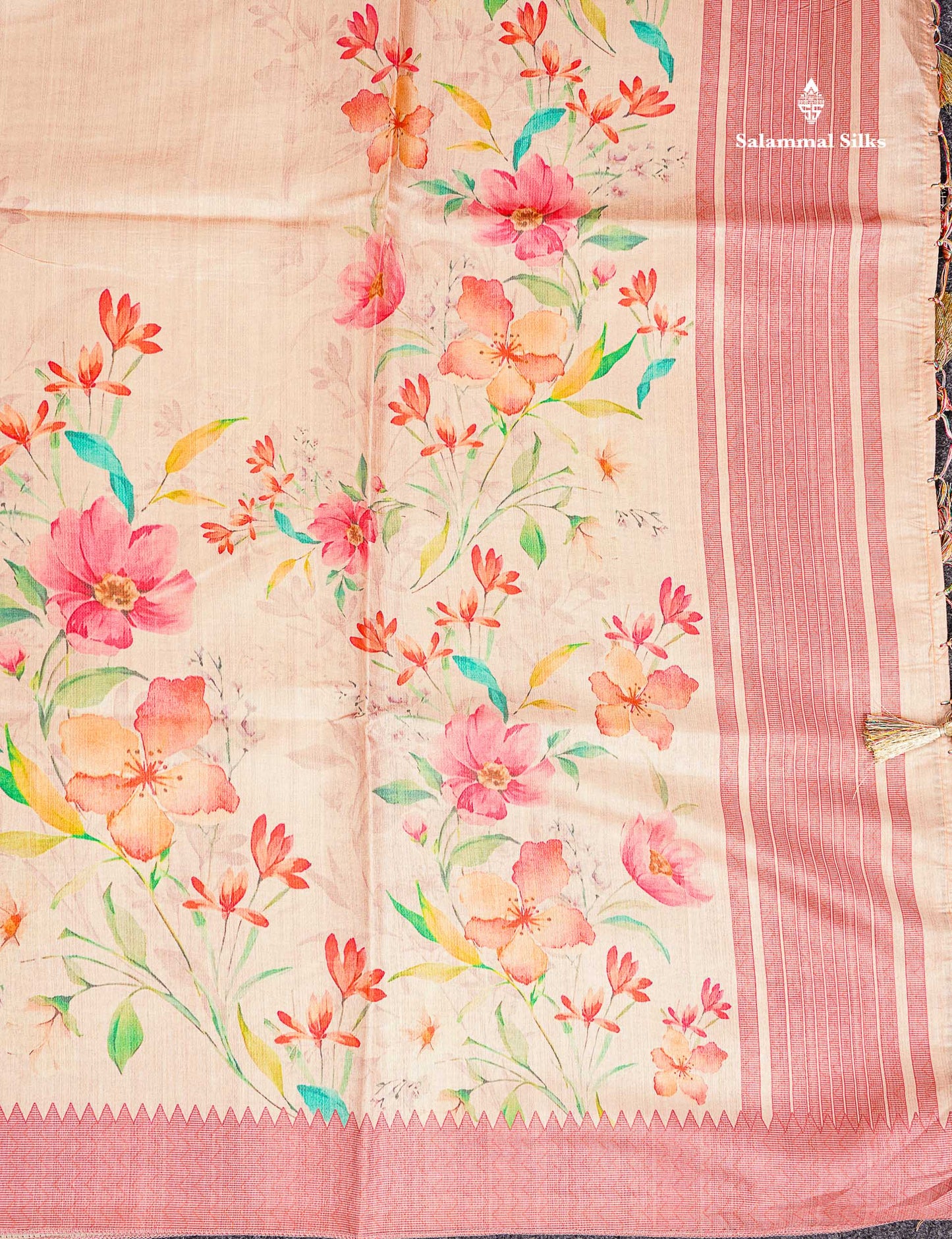Semi Tussar Saree - Beige Plain Along With Floral Design & Contrast Pink Shade Border