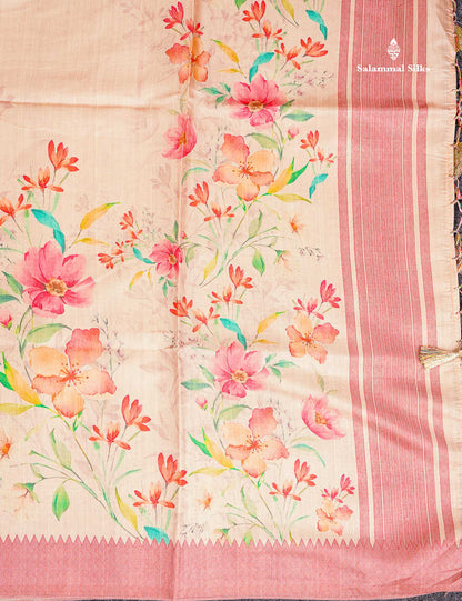 Semi Tussar Saree - Beige Plain Along With Floral Design & Contrast Pink Shade Border