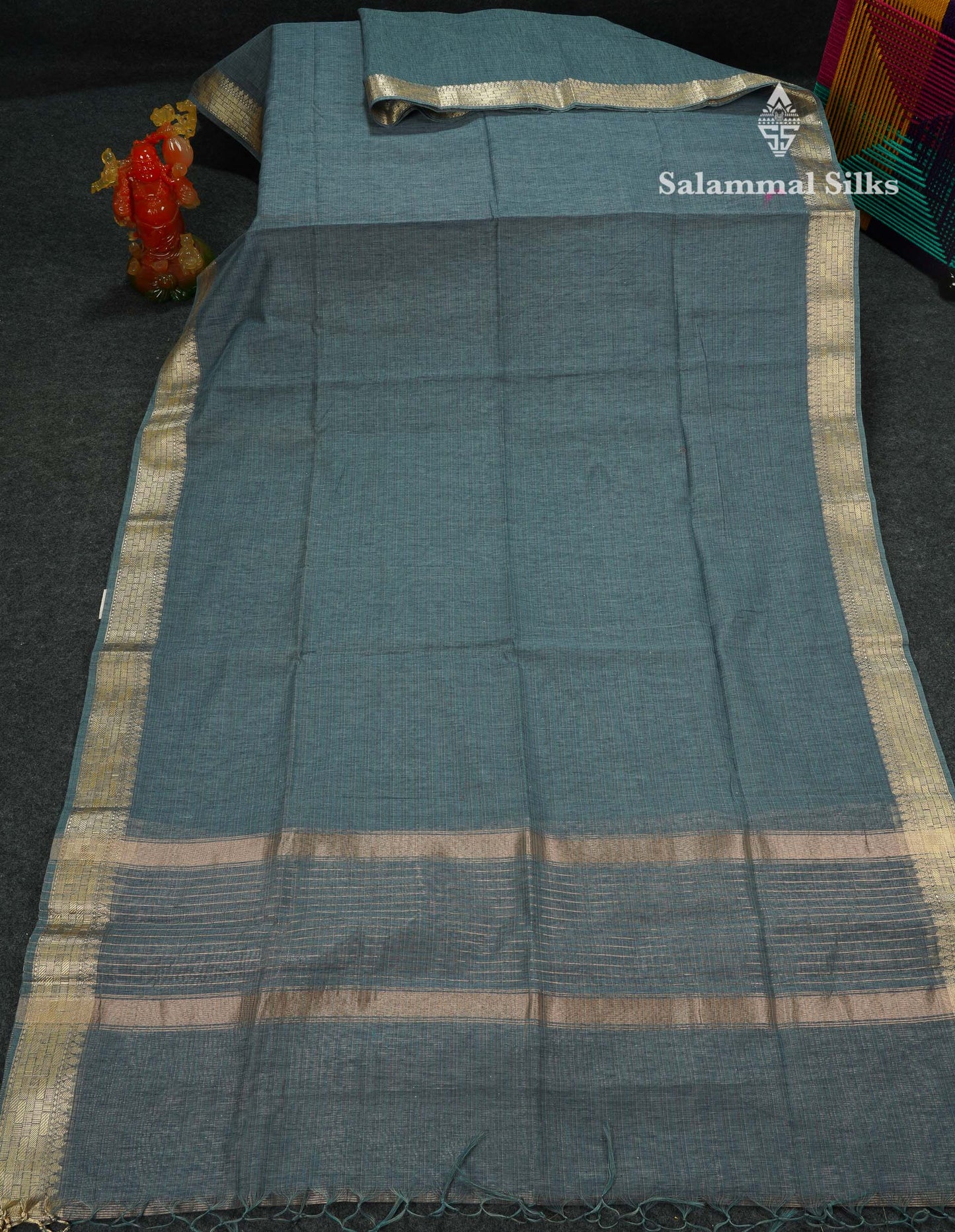 Beautiful Sea Blue Linen Cotton Mix Fancy Saree With Fancy Border