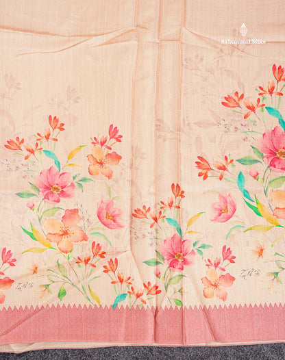Semi Tussar Saree - Beige Plain Along With Floral Design & Contrast Pink Shade Border
