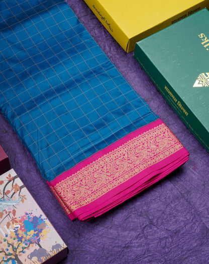9 Yards Semi Silk Saree Army Green Colour with Pink Border
