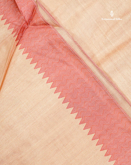 Semi Tussar Saree - Beige Plain Along With Floral Design & Contrast Pink Shade Border